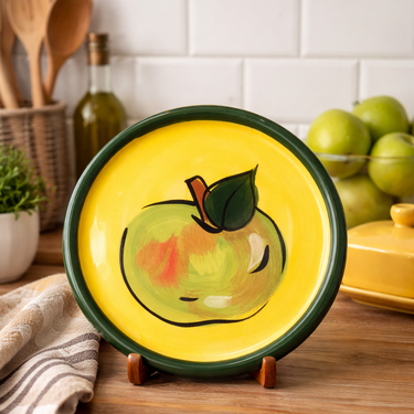 Taupo NZ hand painted apple plate retro yellow green rim