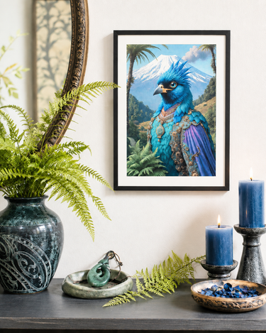 The Vigil by Lu Lu Deluxe NZ A4 art print featuring a vivid blue bird portrait with mountain and fern details