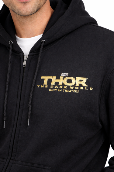 Black hoodie with 'Thor: The Dark World' text on a white background