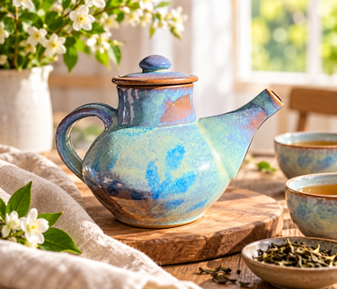 Unsigned blue and turquoise fat lava style studio pottery teapot displayed on a wooden board in a sunlit setting