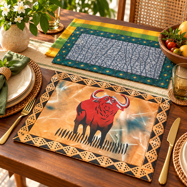 Vintage ethnic tableware textiles styled together on a wooden dining table