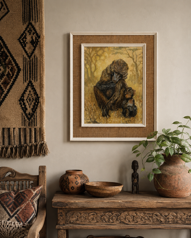 Vintage framed oil painting of a mother and baby baboon in warm earthy tones