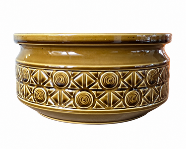 Vintage Beswick Zorba large olive green ceramic bowl with raised geometric circular and triangle pattern, clean white background