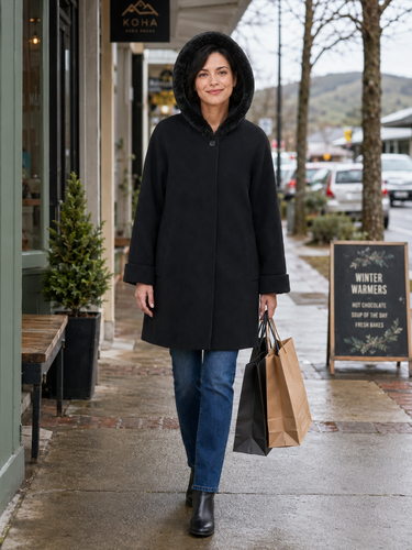 A woman walking on a city sidewalk wearing a black mid-length coat with a dark fuzzy hood, blue jeans, and black ankle boots, while carrying two paper shopping bags.