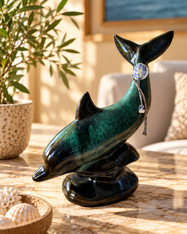 Vintage green Blue Mountain Pottery dolphin sculpture displayed on a sunlit marble table