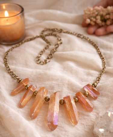 Vintage champagne quartz crystal stick bead necklace on gold tone chain