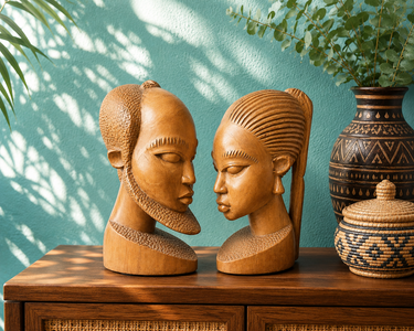 Two carved wooden African-style bust sculptures of a couple facing each other, displayed on a wooden cabinet against a teal wall with leaf shadows and decorative vases.