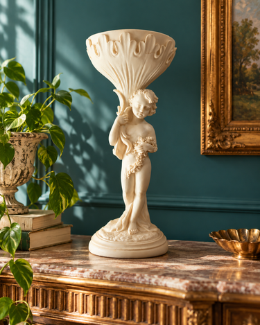 Vintage FARO Italian cherub pedestal bowl styled against a teal wall