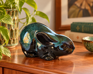 Vintage glossy green and black ceramic rabbit figurine on a wooden sideboard with retro pottery and foliage