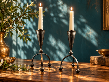 Vintage hand-forged iron candlesticks styled with taper candles against a teal wall
