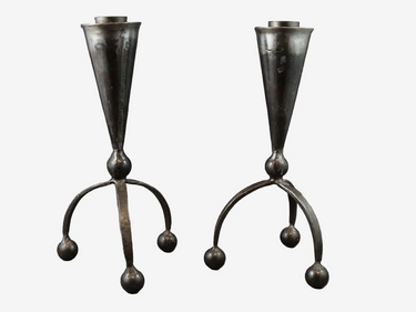 Vintage hand-forged iron candlesticks with tripod bases, pair