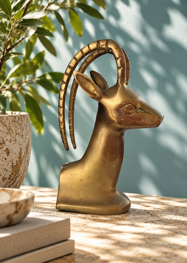 Vintage Korean solid brass ibex bust styled against pale teal wall with plant and dappled sunlight