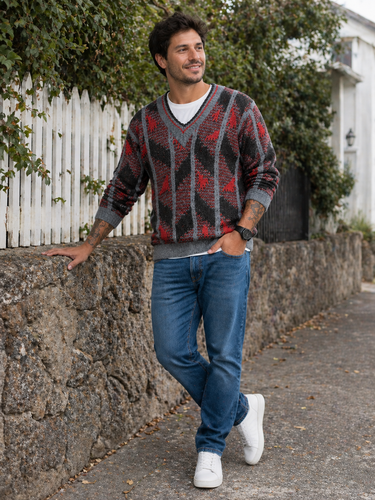 Vintage Louis Montanne Men's Knit Sweater - 1980s V-Neck, view 2