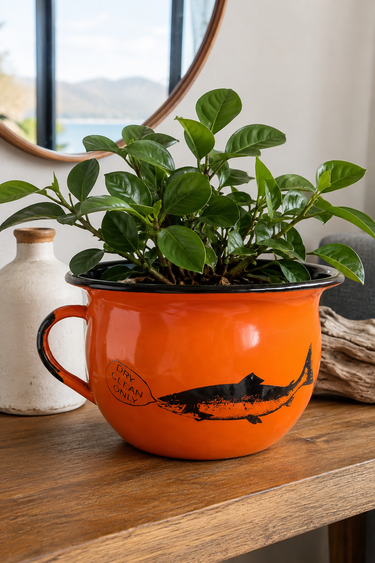 An orange enamel planter shaped like a mug, featuring a black fish illustration and a speech bubble that reads 'DRY CLEAN ONLY', holding a green leafy plant, displayed on a wooden table.