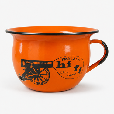 Vintage orange enamel pot with black trim, cannon and fish novelty graphics