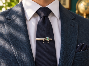 Vintage paua kiwi tie bar styled on a navy tie