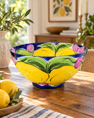 Petra Ceramics NZ Lemon bowl displayed on a sunlit wooden table in a styled interior; AI-generated lifestyle image
