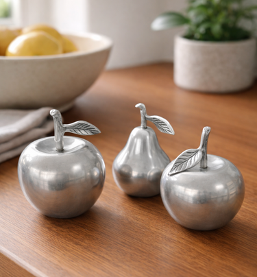 vintage silver aluminium apple pear fruit decor set Planet Retro NZ