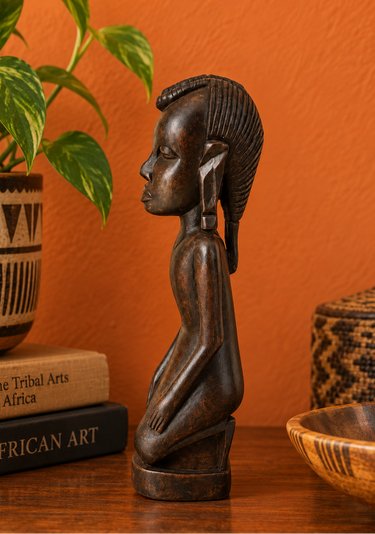 Vintage Tanganyika hand-carved wooden figure styled in a warm retro interior