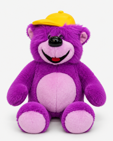 Vintage purple Toyworld promotional plush bear with yellow vinyl Toyworld cap