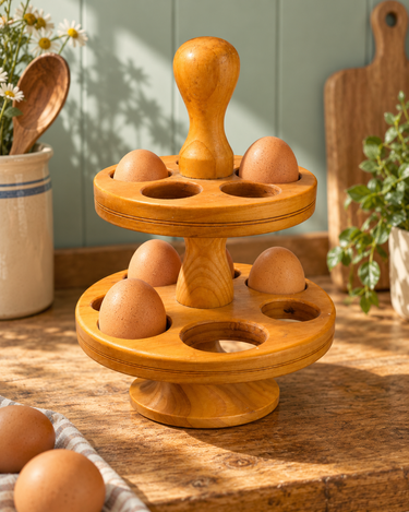 Vintage wooden two-tier egg holder styled in a warm retro kitchen setting