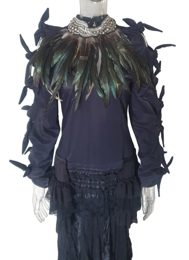 Wellington-made wearable art costume dress with detachable feather collar and bustle