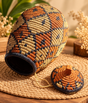 Zulu lidded basket by Lettie Buthelezi styled in a warm interior