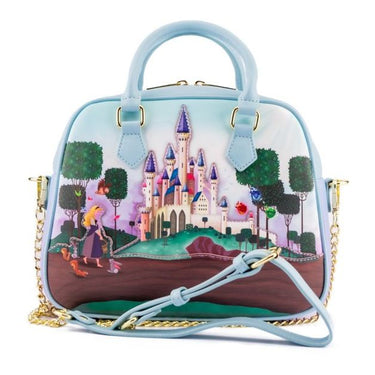 A crossbody handbag featuring a printed design with a fairy tale castle and characters in a pastel color palette, with a chain shoulder strap. Planet Retro NZ