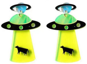 UFO Alien Cow Acrylic Earrings - Planet Retro