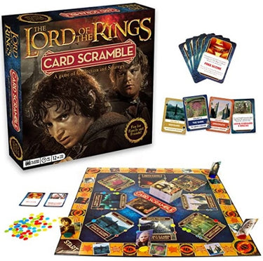 The Lord of the Rings Card Scramble board game box featuring characters from the movie on a dark themed background.